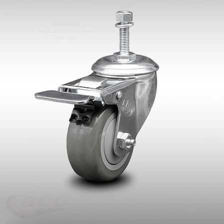 Service Caster 3 Inch SS Gray Polyurethane 3/8 Inch Threaded Stem Caster with Total Lock Brake SCC-SSTSTTL20S314-PPUB-381615